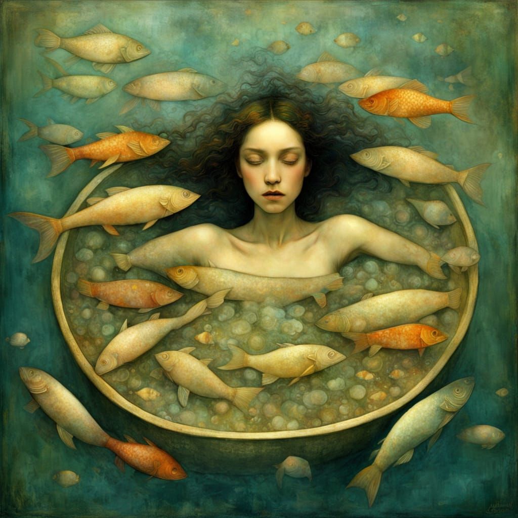 Surreal Fish Bath in Cubist Style