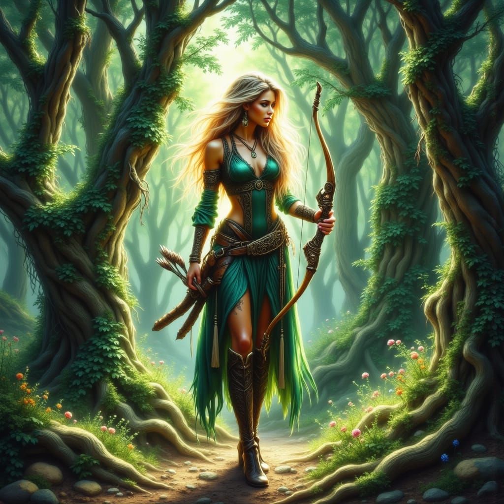 Ethereal Female Ranger in Emerald Green Attire, with Elven L...