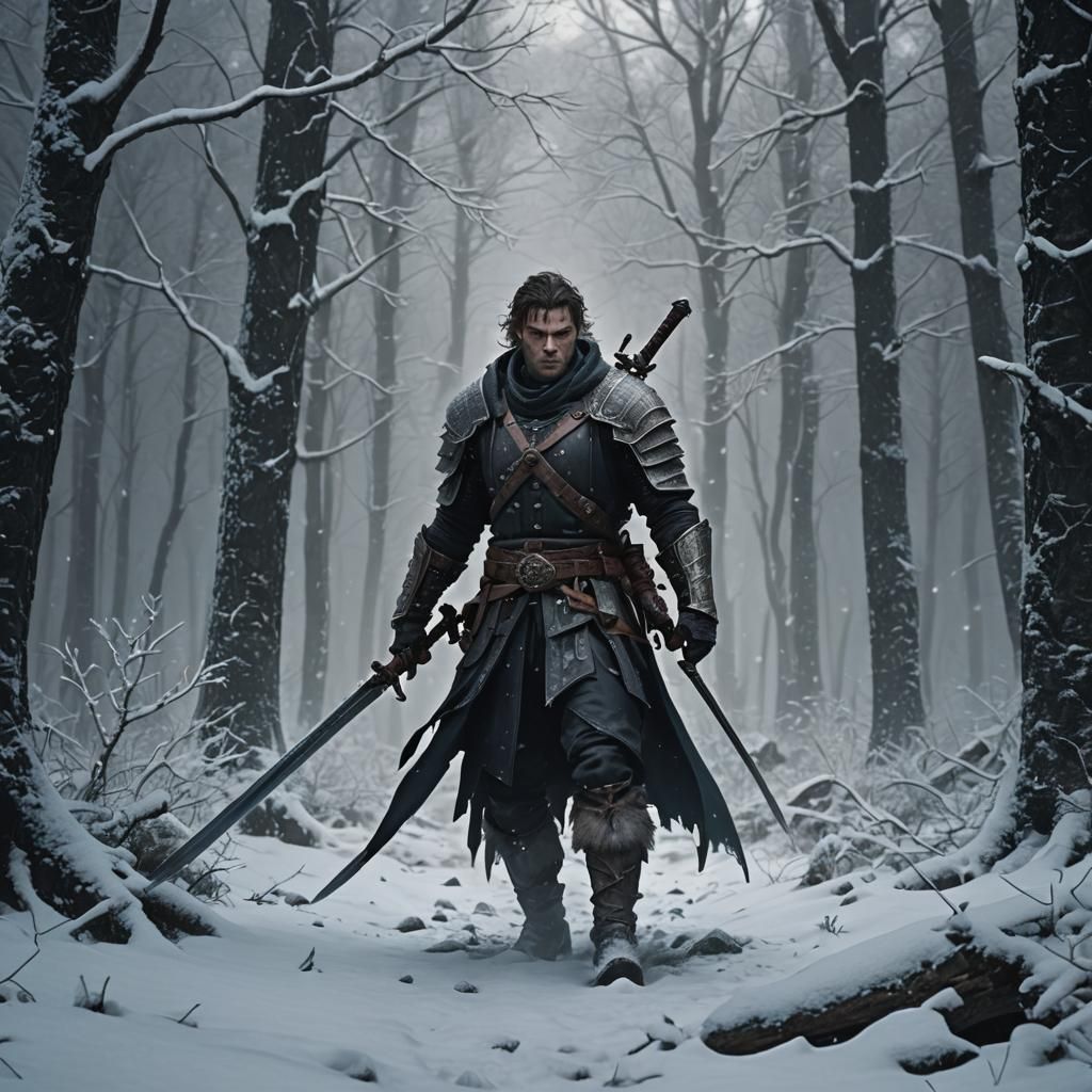 Fantasy Swordsman Walks Alone in Snowy Forest