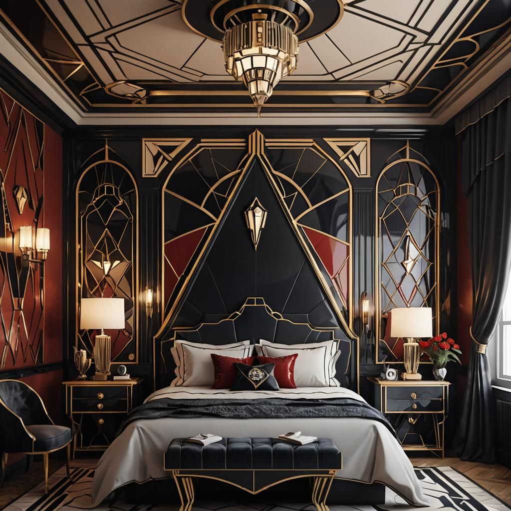 Vampire in Art Deco Bedroom with Geometric Designs