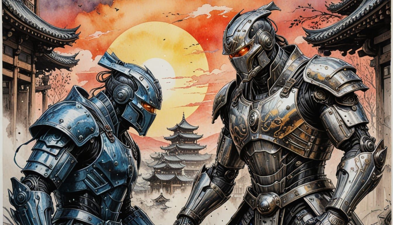 Futuristic Samurai Robots Clash in Dynamic Black Ink Drawing