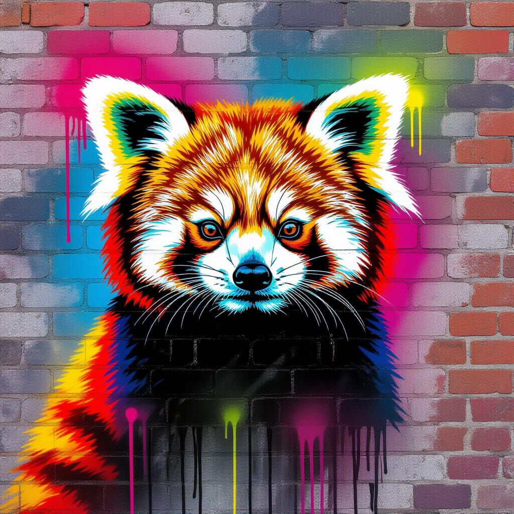 Red Panda Graffiti Art on Brick Wall