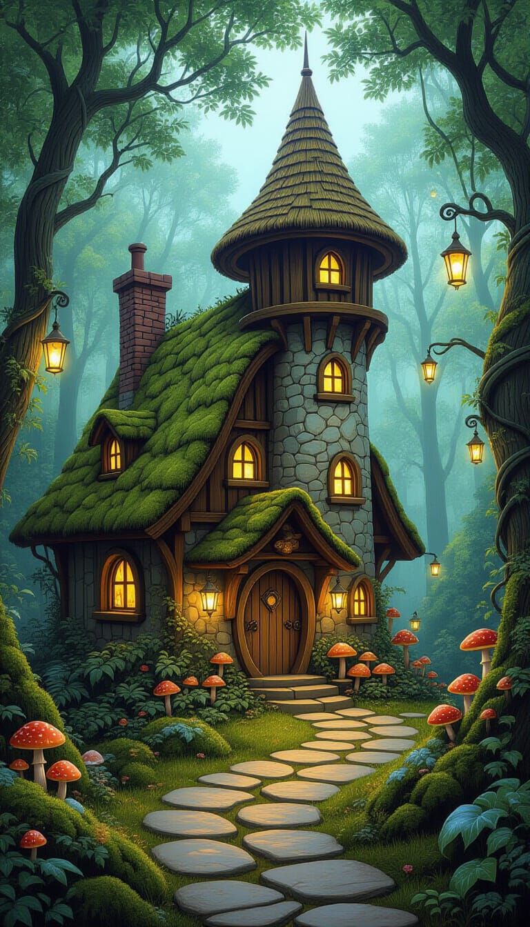 Enchanted Bungalow in Fairy Forest, Fantasy Art Style
