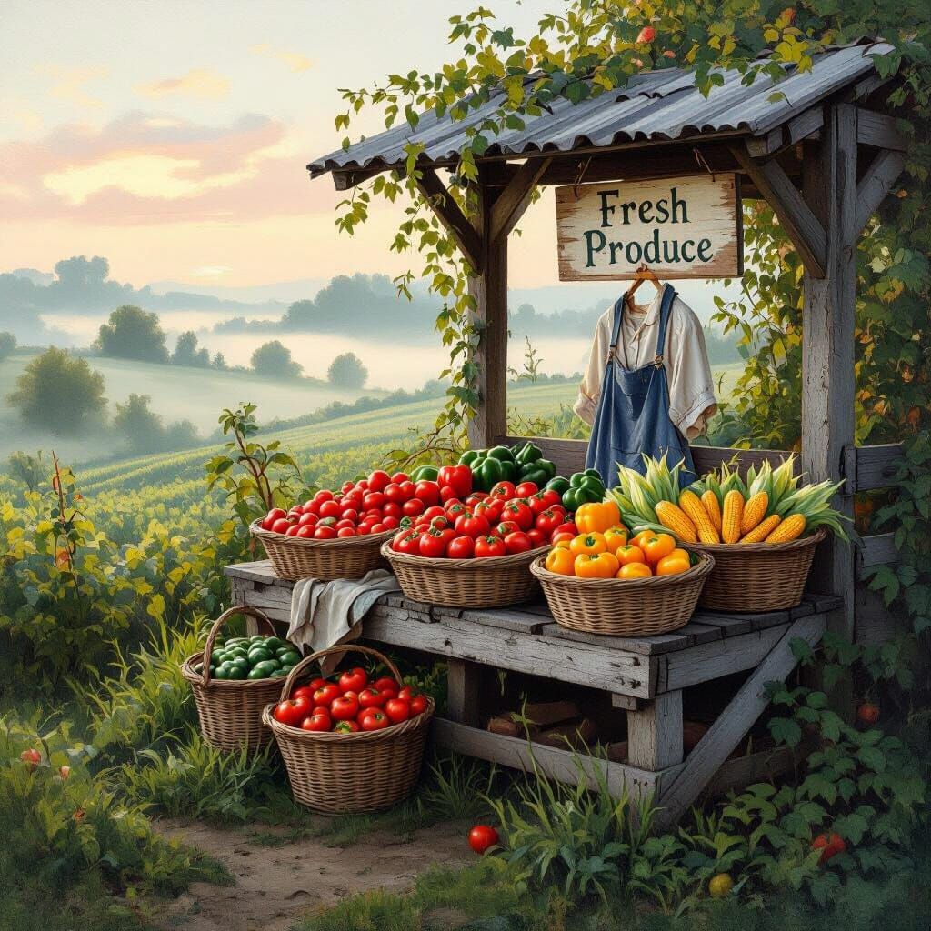 Misty Farm Stand at Dawn in Impressionist Style
