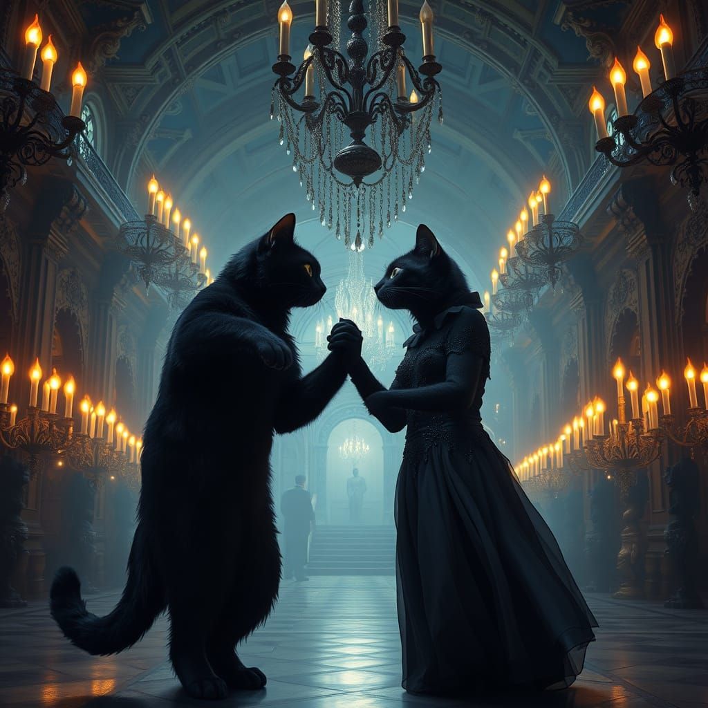 Elegant Cats Dancing in Gothic Hall