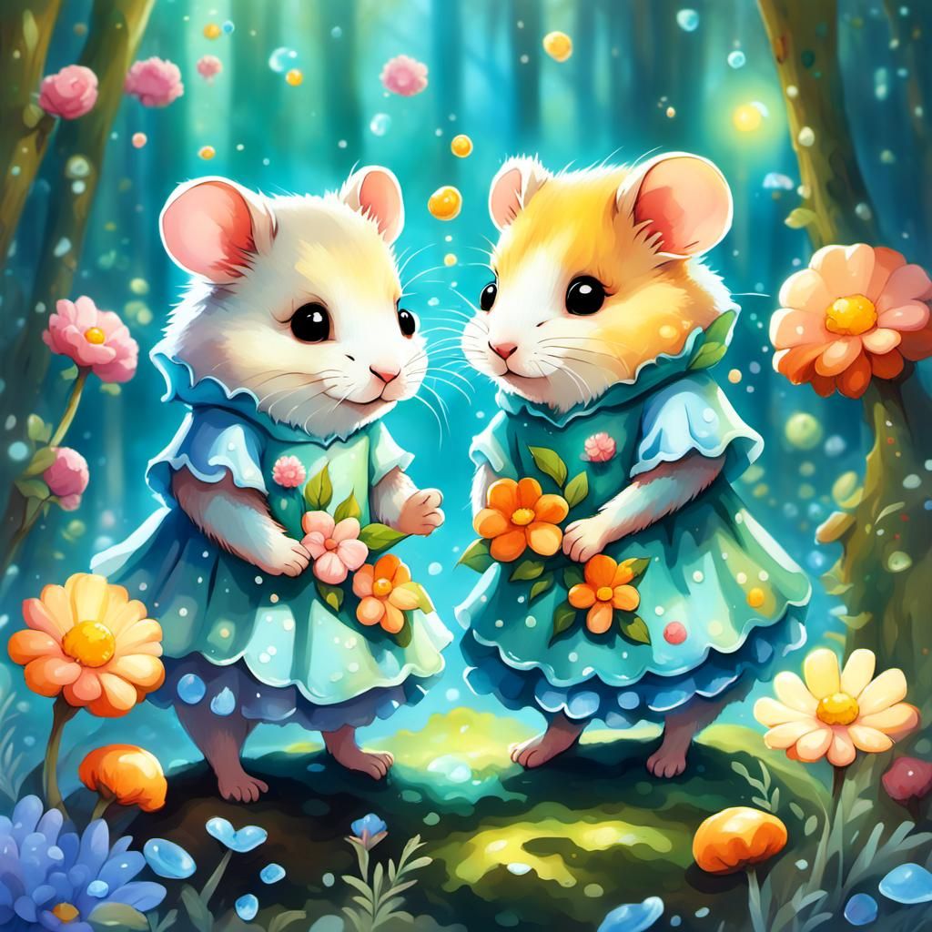Chibi Hamsters in Enchanted Flower Forest, Watercolor Art