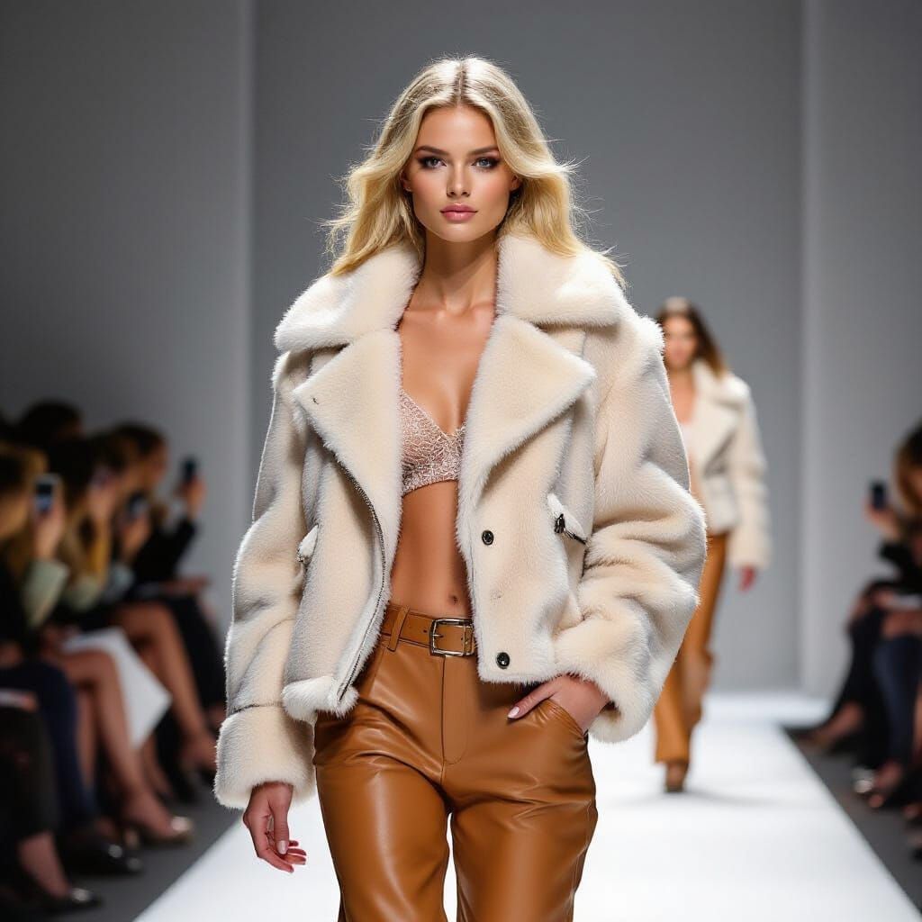 Supermodel Struts Catwalk in Sheepskin and Leather