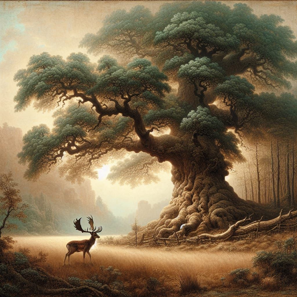 A doe eating grass by a giant oak in a clearing. ethereal fa...