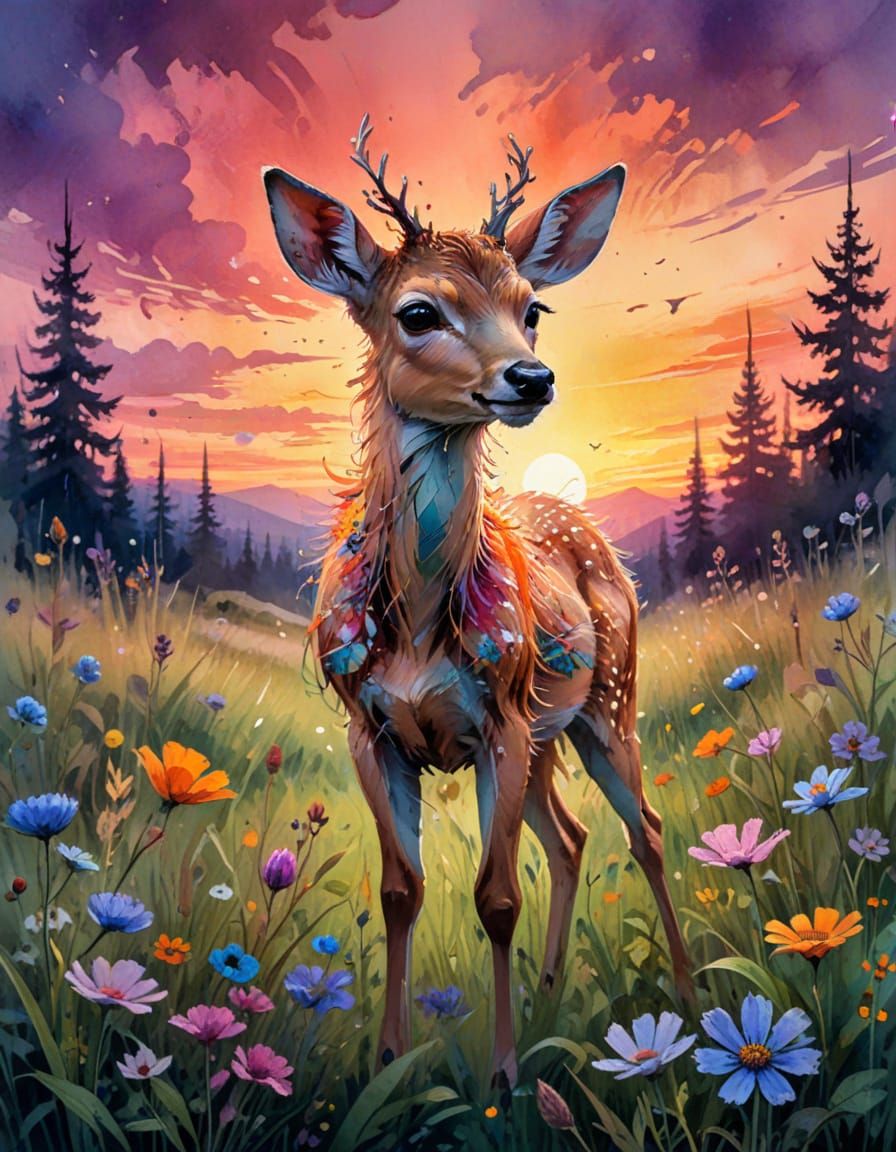 Fawn in Spring Meadow: Digital Watercolor Illustration