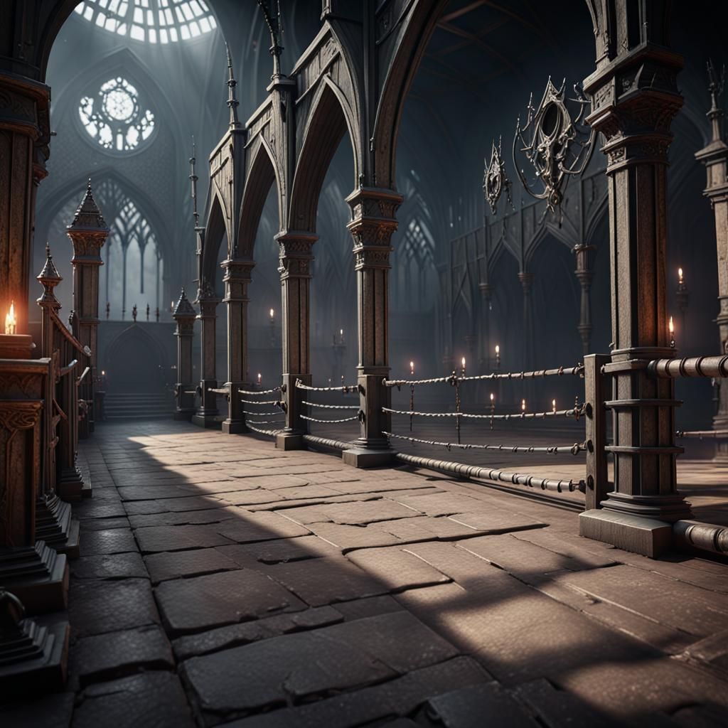 Gothic Fencing Arena in 3D Game Cinematic Style