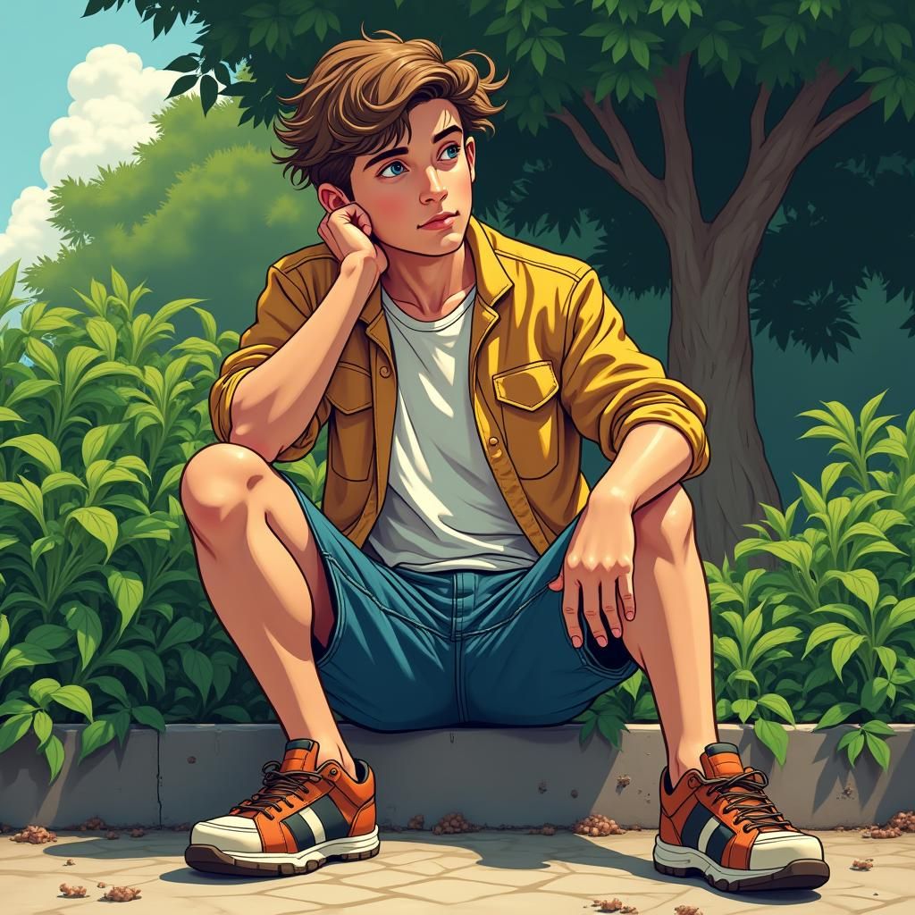 Contemplative Boy Outdoors in Comic Book Style