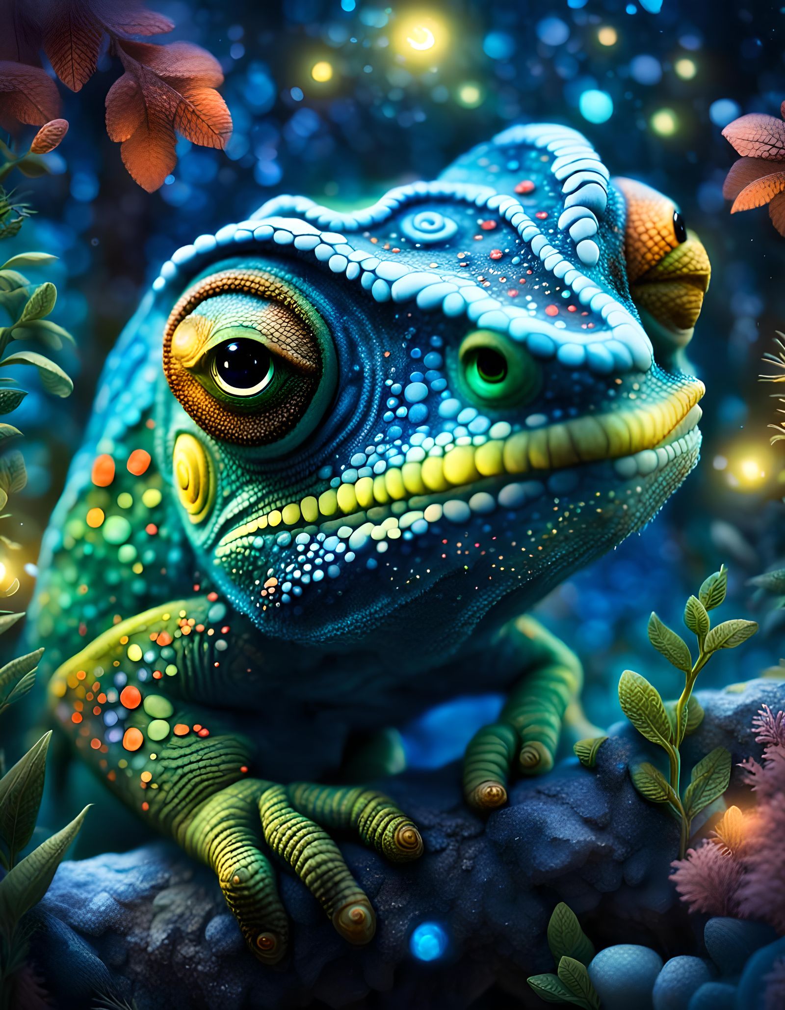 Bioluminescent Chameleon in Starry Night Jungle, Fantasy Art