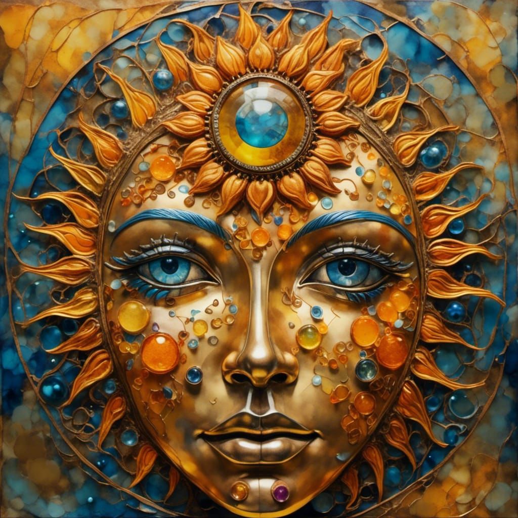 Radiant Sun Face with Blue Eyes in Cosmic Art