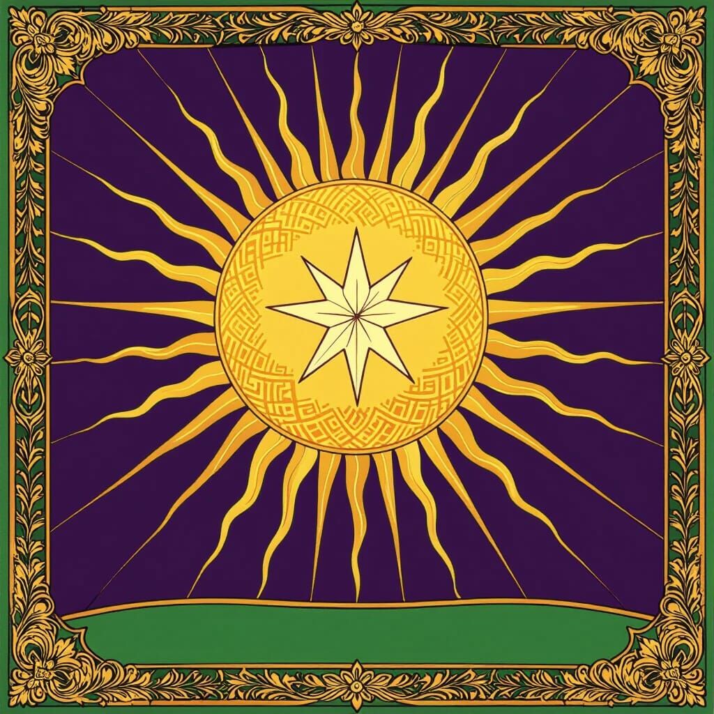 Vibrant Flag Design with Sun, Star and Stripe