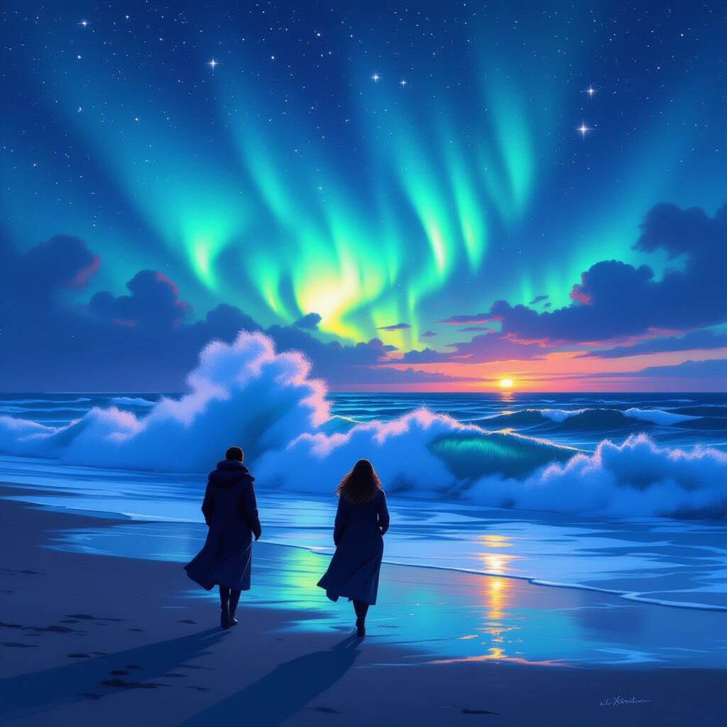 Majestic Beach at Dusk with Aurora, Romantic Realism