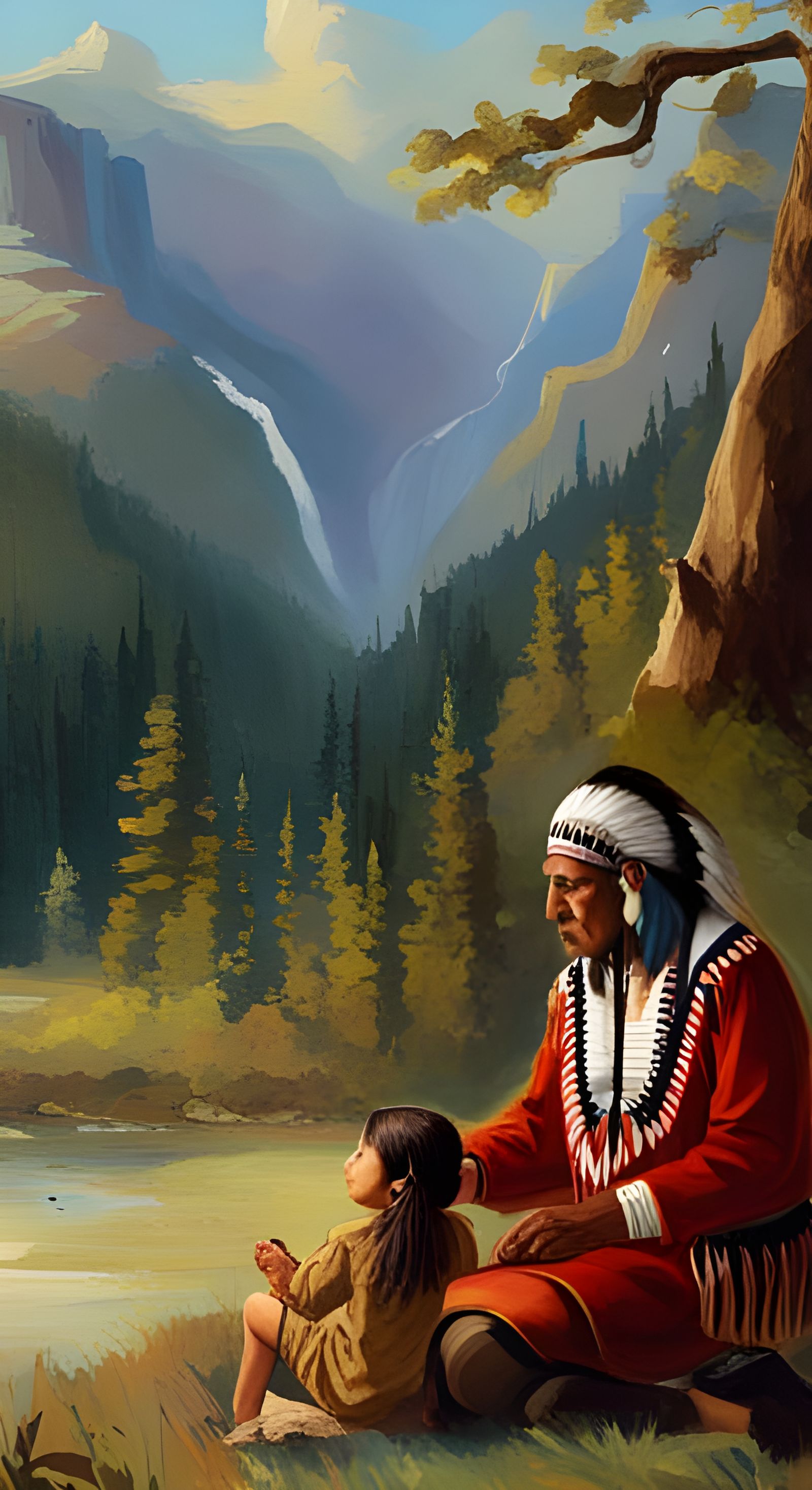 American Indian Chief and Grandson Watching Bison