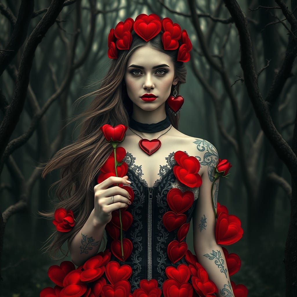 Ethereal Woman of Red Hearts in Dark Mystic Woods
