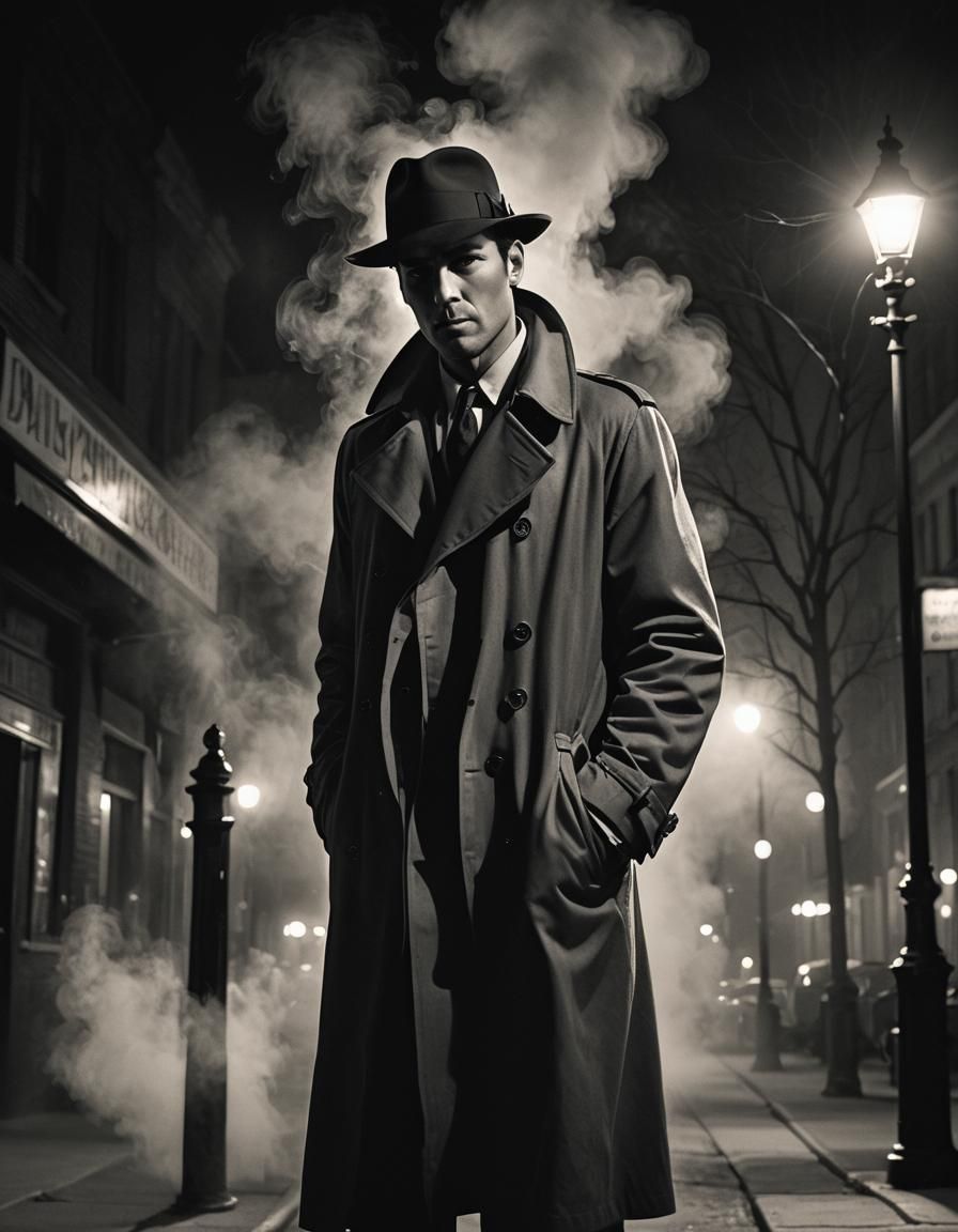 "A noir detective with a fedora and trench coat, under the dim light of a street lamp, a wisp of smoke curling from his ...
