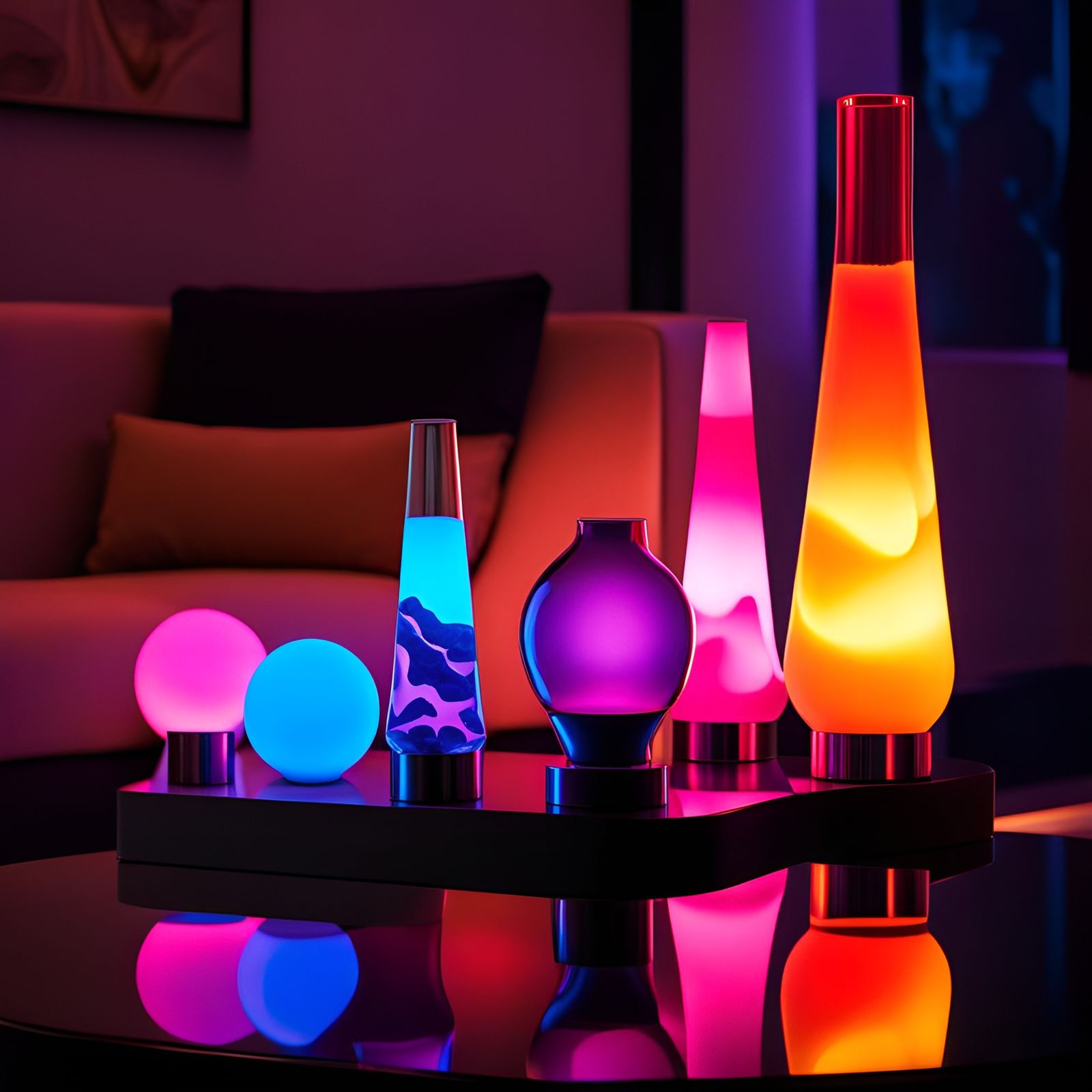 Glowing Lava Lamps in Futuristic Living Room