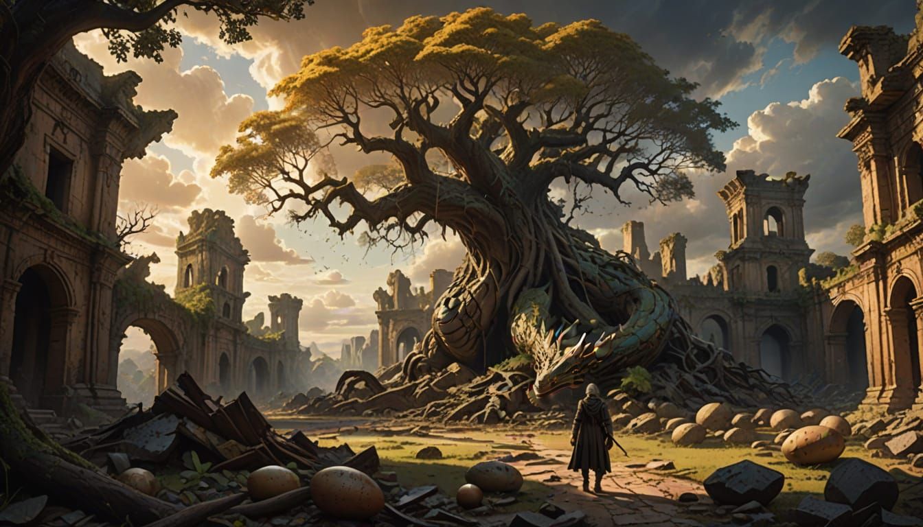 Ancient Tree Guardians a Majestic Dragon in Ruins