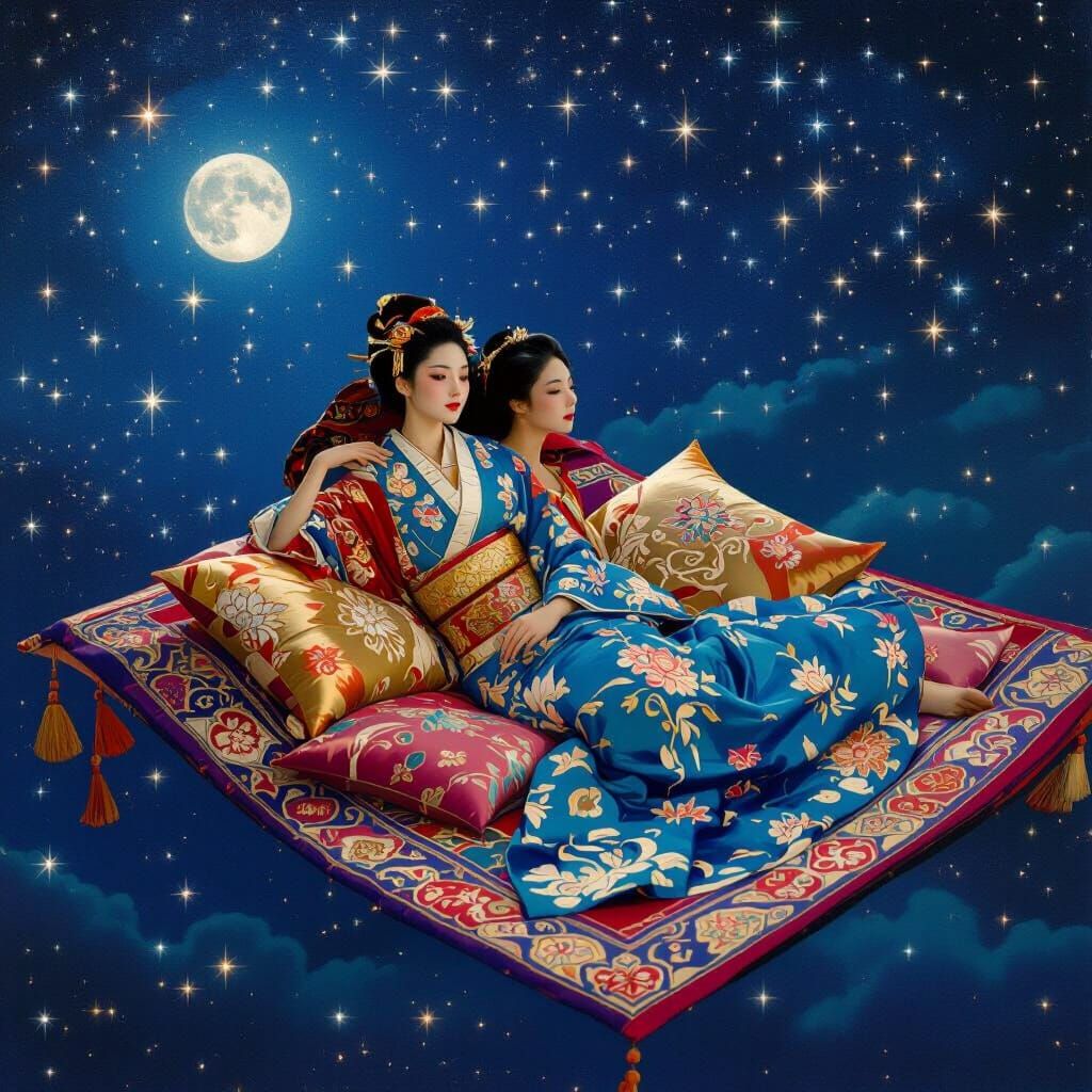 Japanese Woman on Magic Carpet Under Starlit Sky