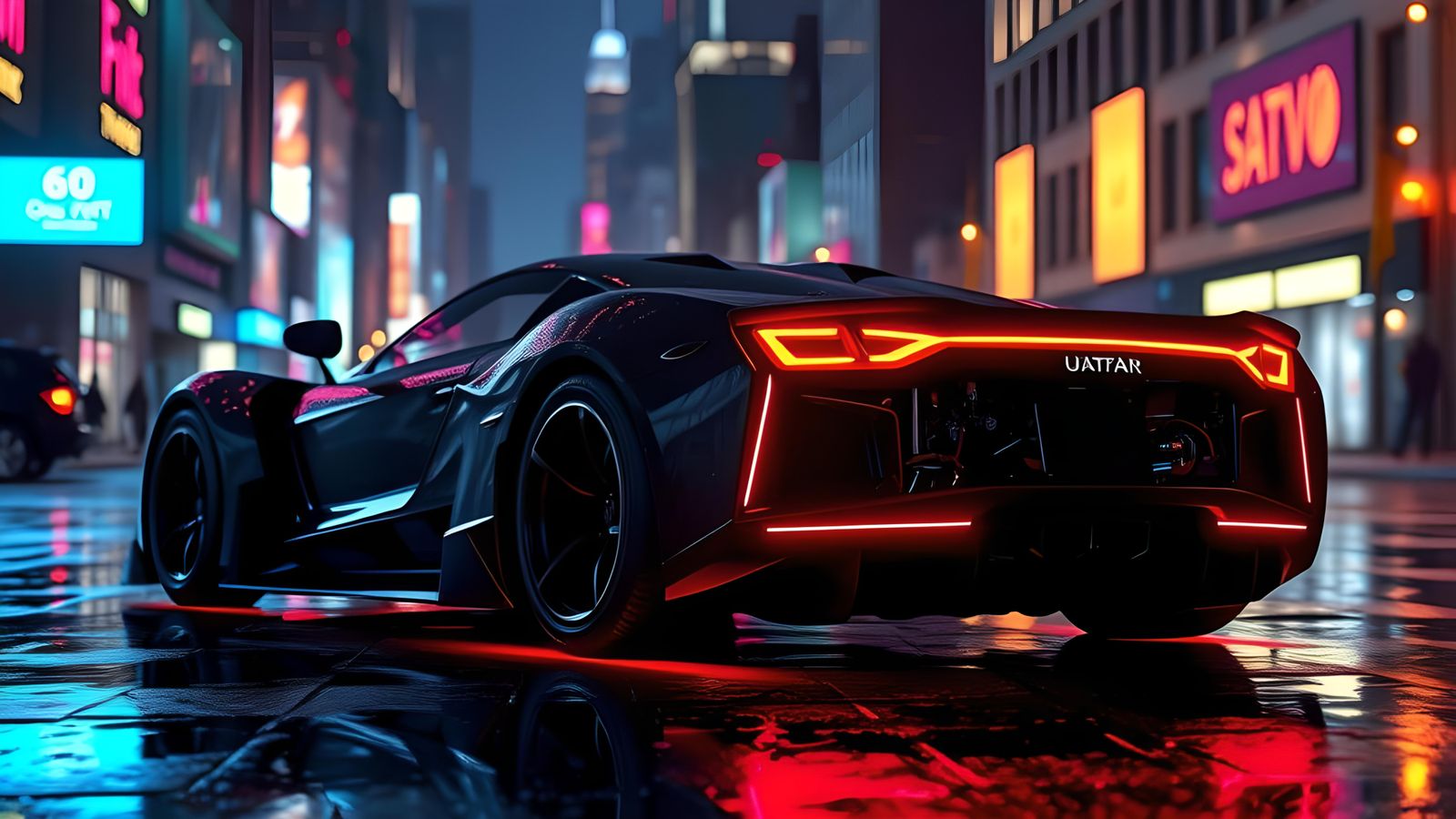 Cyberpunk Supercar Silhouette in Rainy Gotham