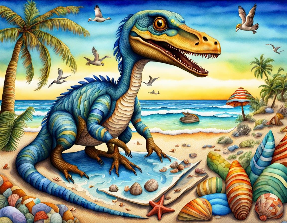 Happy Velociraptor on Beach Holidays with Adorable Duck