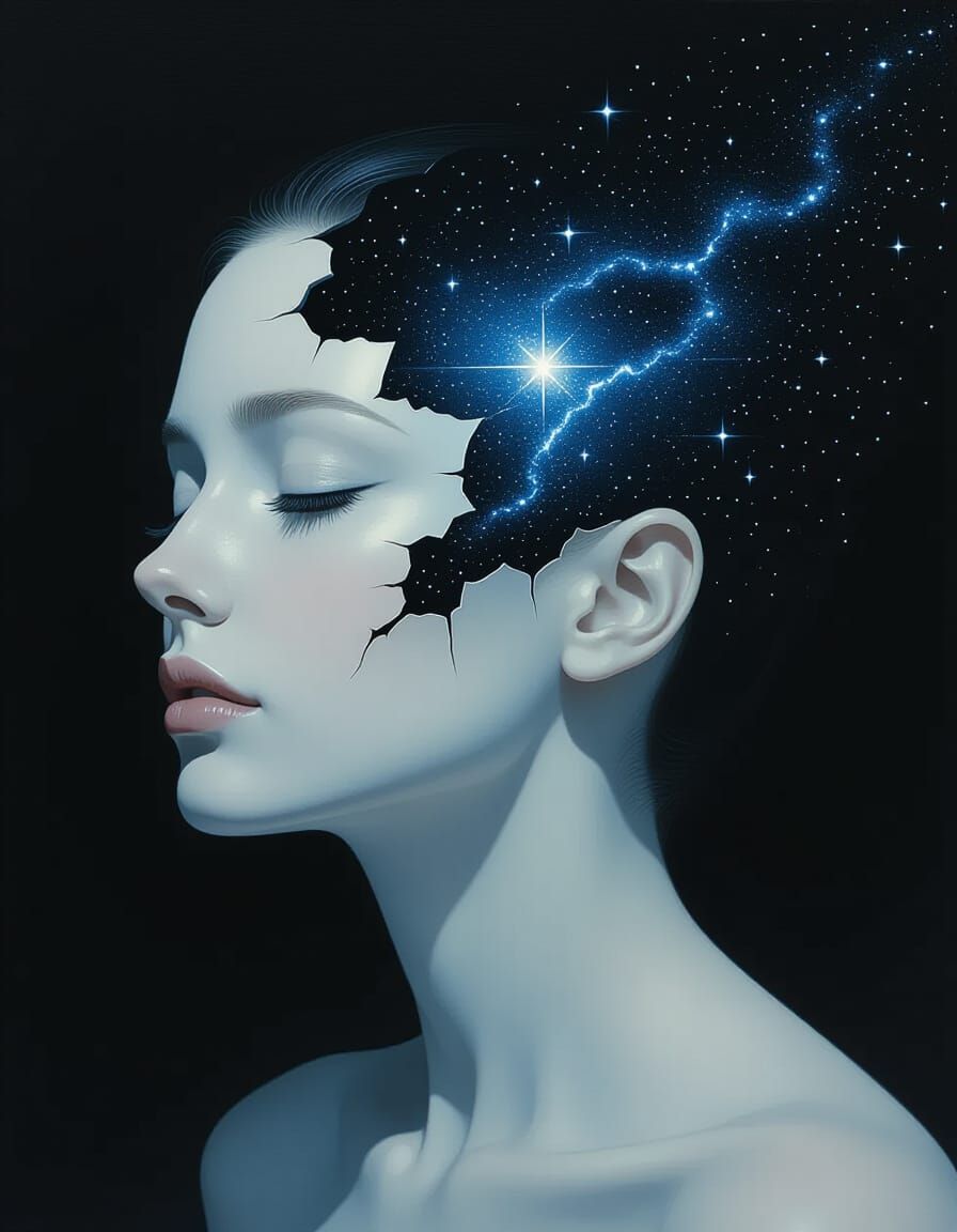 Surreal Portrait Dissolving into Starry Night Sky