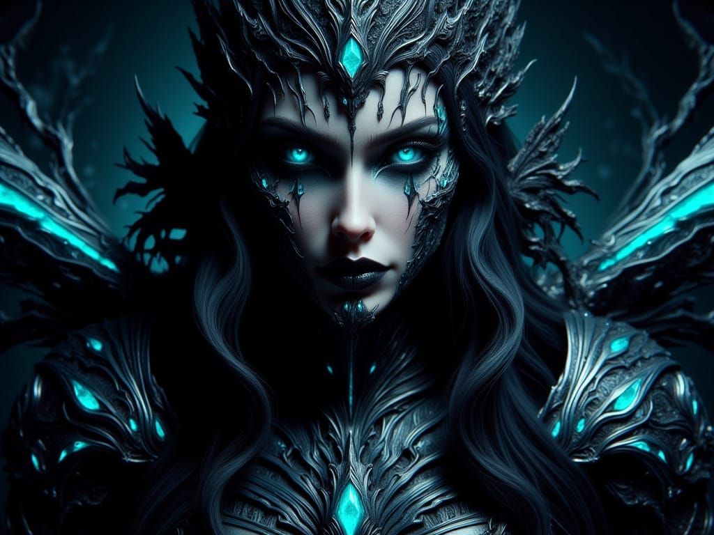 Ethereal Gothic Warrior in Black and Turquoise Armor