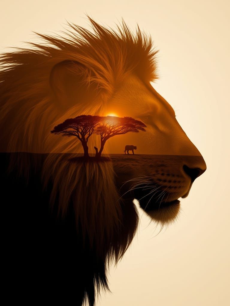 Lion Silhouette with African Plains Double Exposure