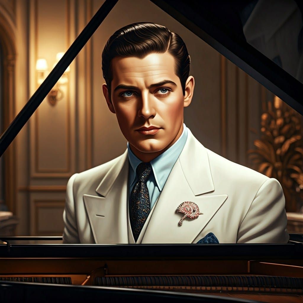 Young Hollywood Star on Grand Piano in Luxury Setting