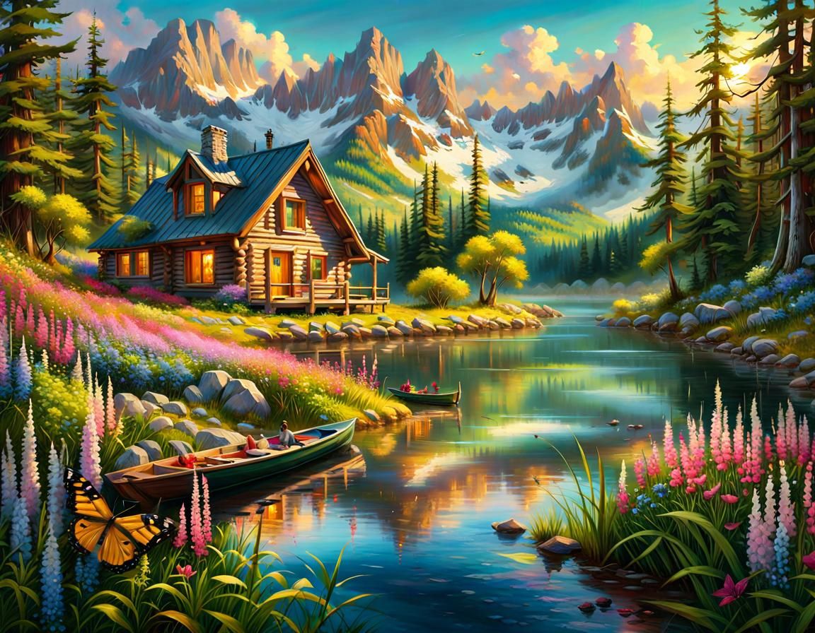 Cabin by Lake with Flower Meadow in Oil Paint Style