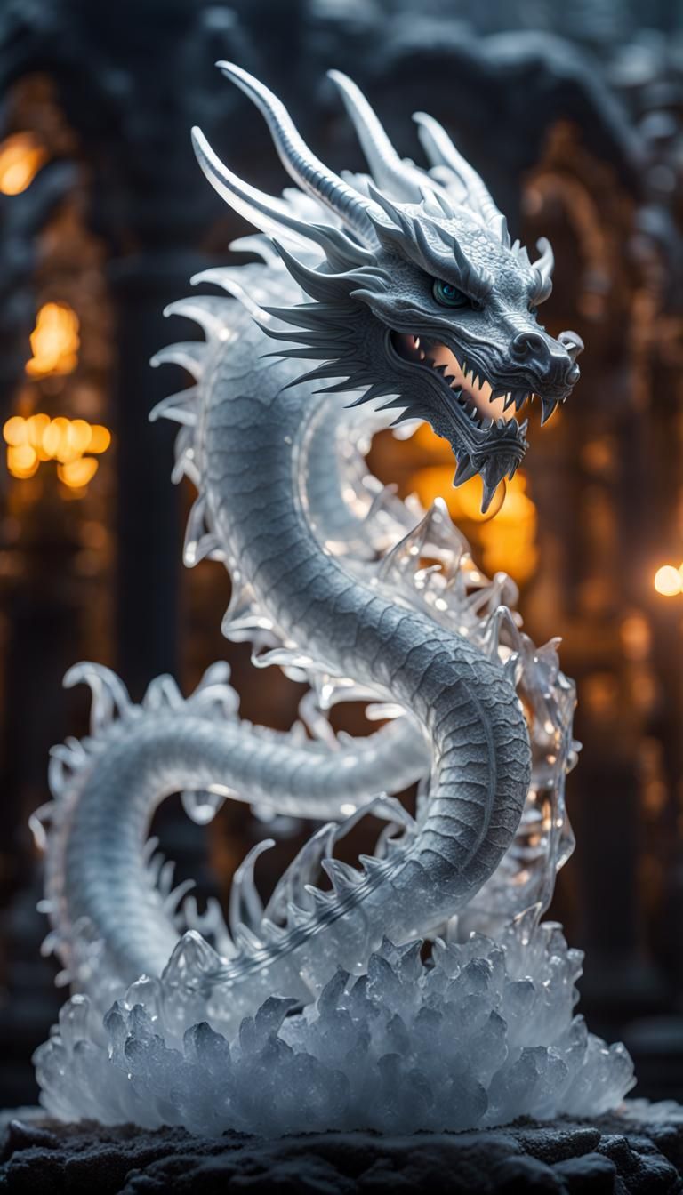 Shimmering Ice Dragon Crystal Sculpture in 8K