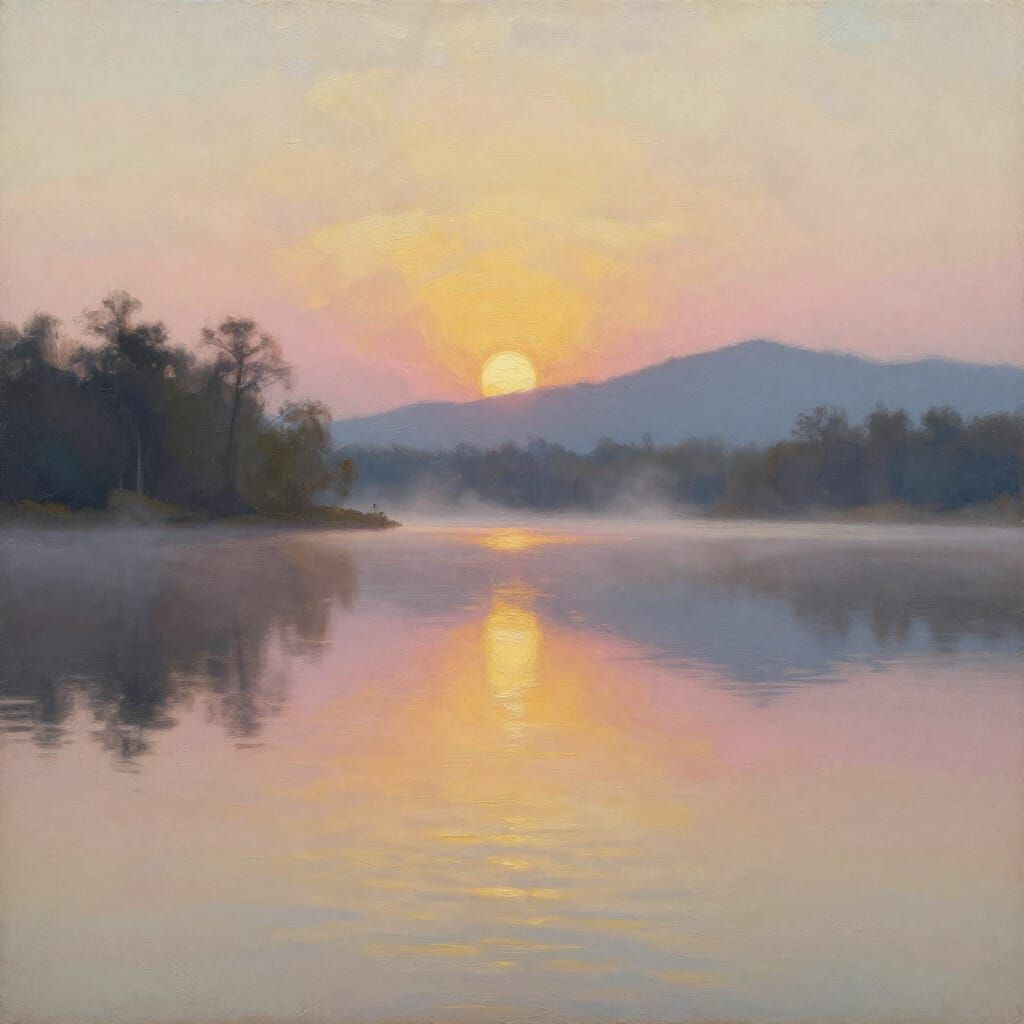 Realistic Oil Painting of Calm Lake at Sunrise