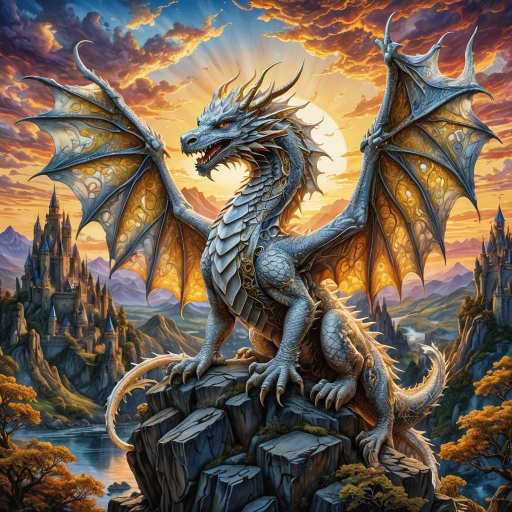 Majestic White Dragon with Golden Filigree Sunset Castle