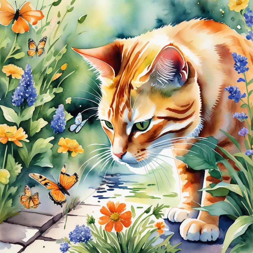 Watercolor Tabby Cat and Butterfly in Garden