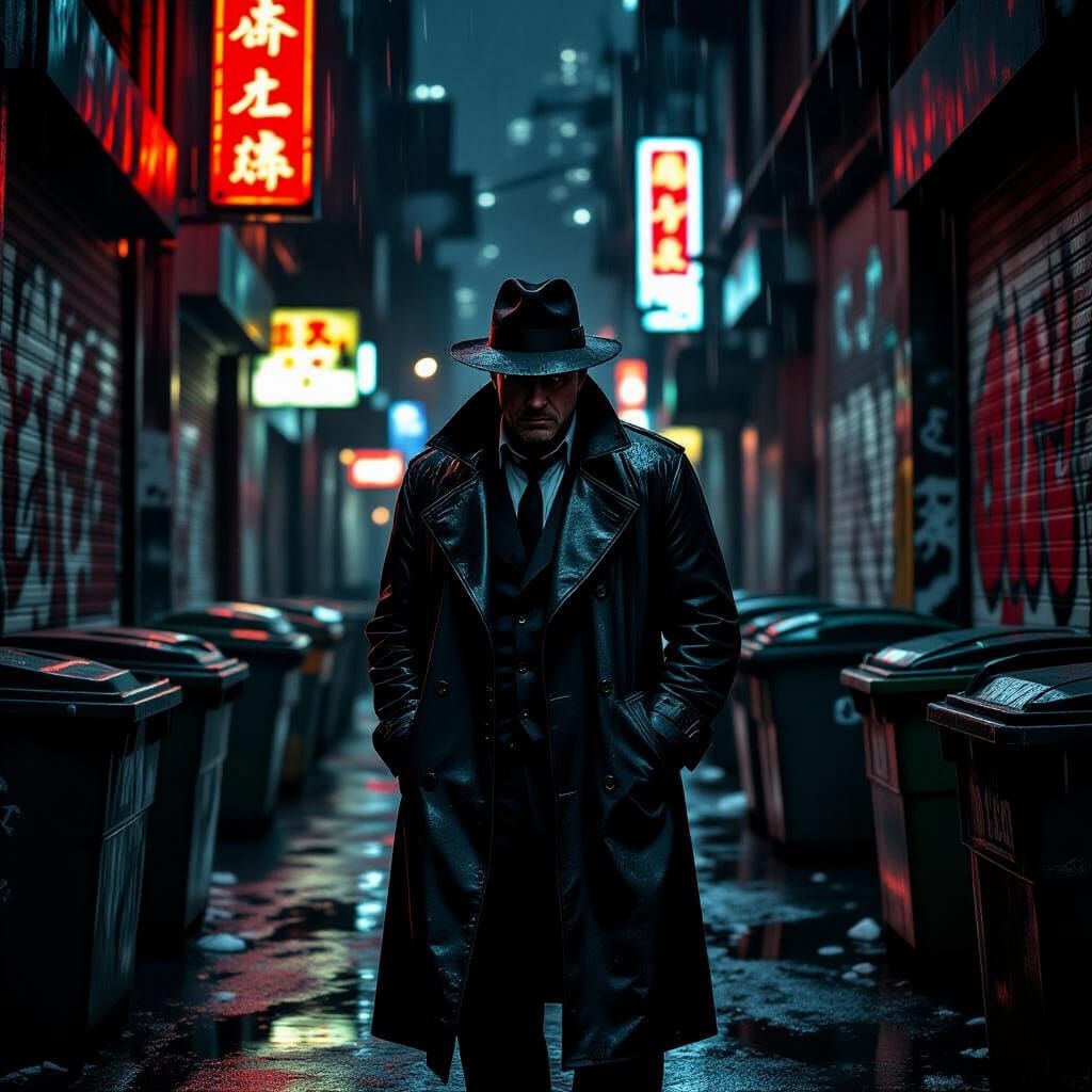 Noir Detective in Rain-Soaked Alleyway