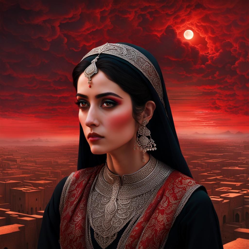Wistful Iranian Princess Under Red Sky