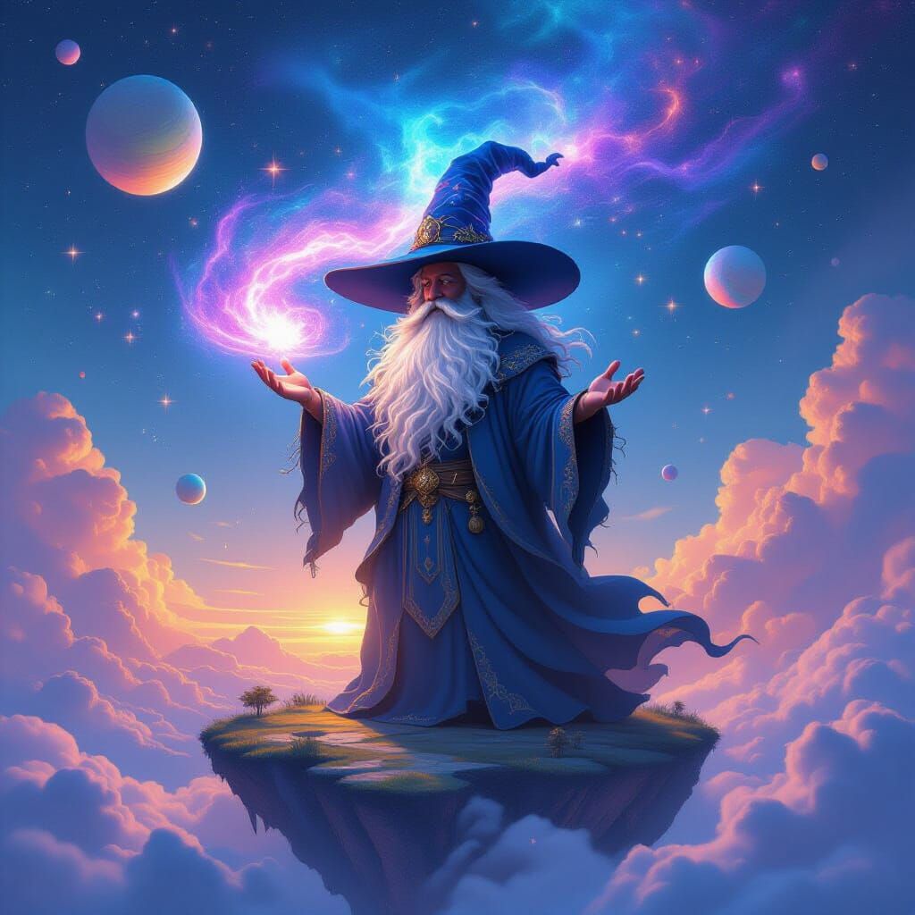 Cosmic Wizard Conjures Nebula Hat Above Floating Island
