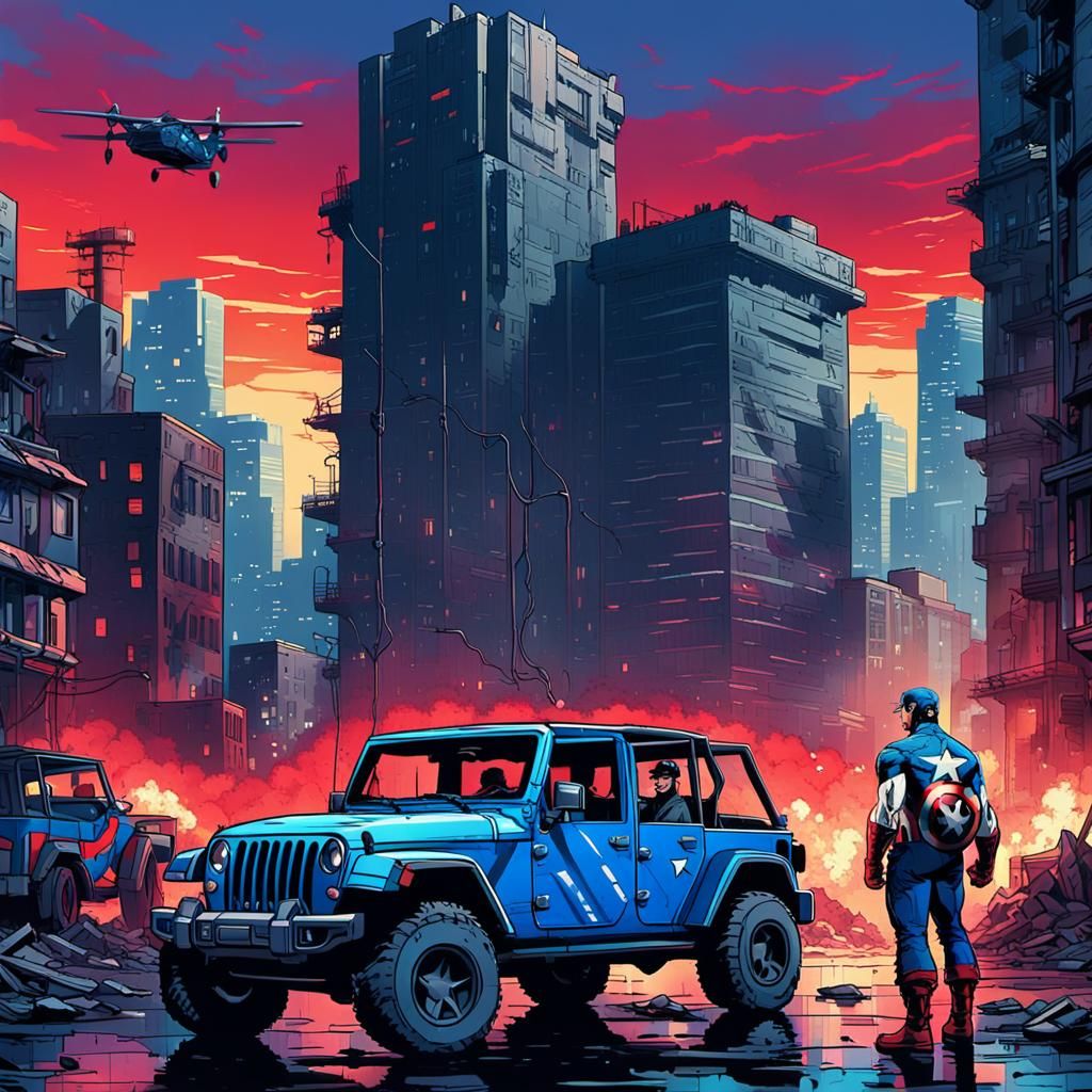 Captain America and Jeep in Pixel Art Style