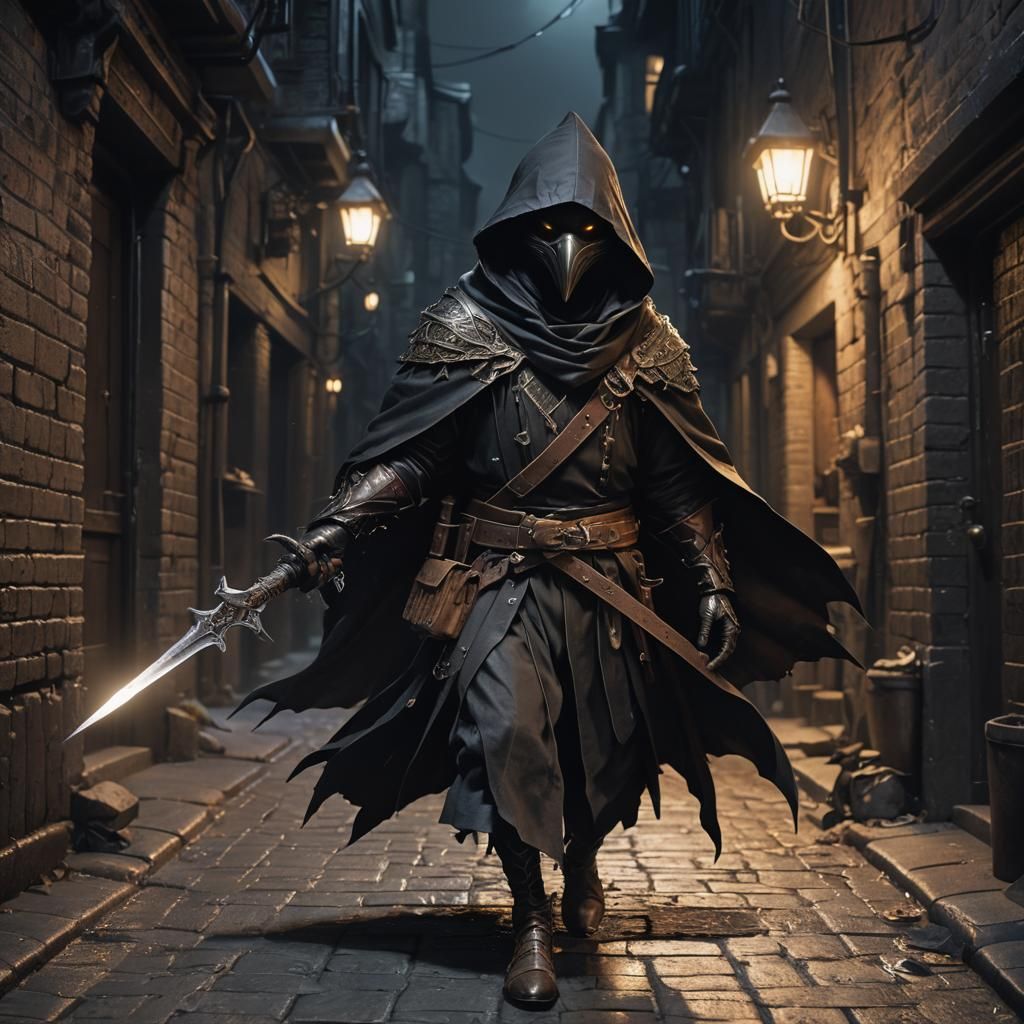 Hooded Kenku in Dark Alleyway: Fantasy Art