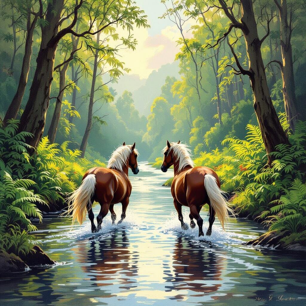 Wild Horses in New Zealand Forest, Classical Realism