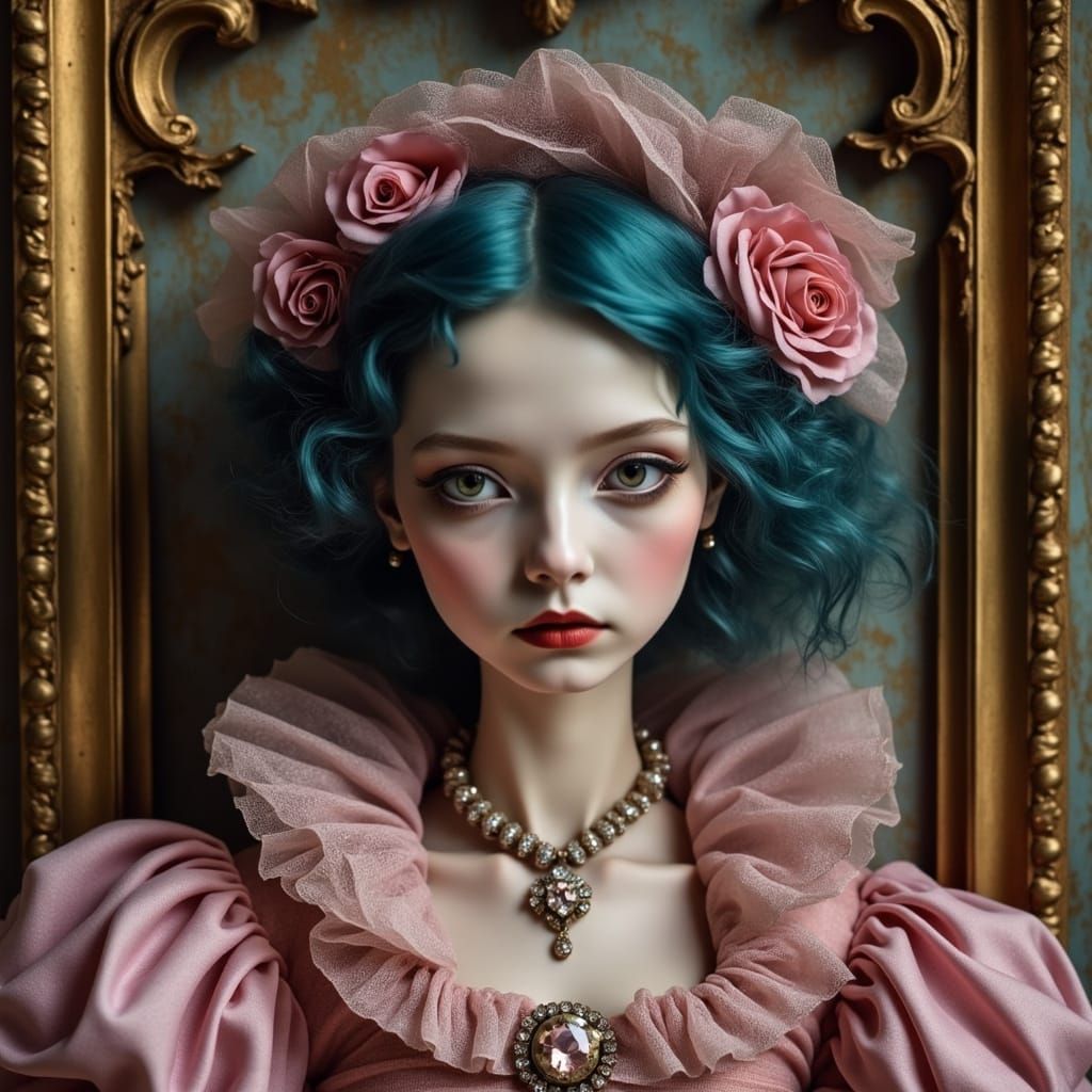 Elegant Doll in Lavender Baroque Gown with Golden Jewels