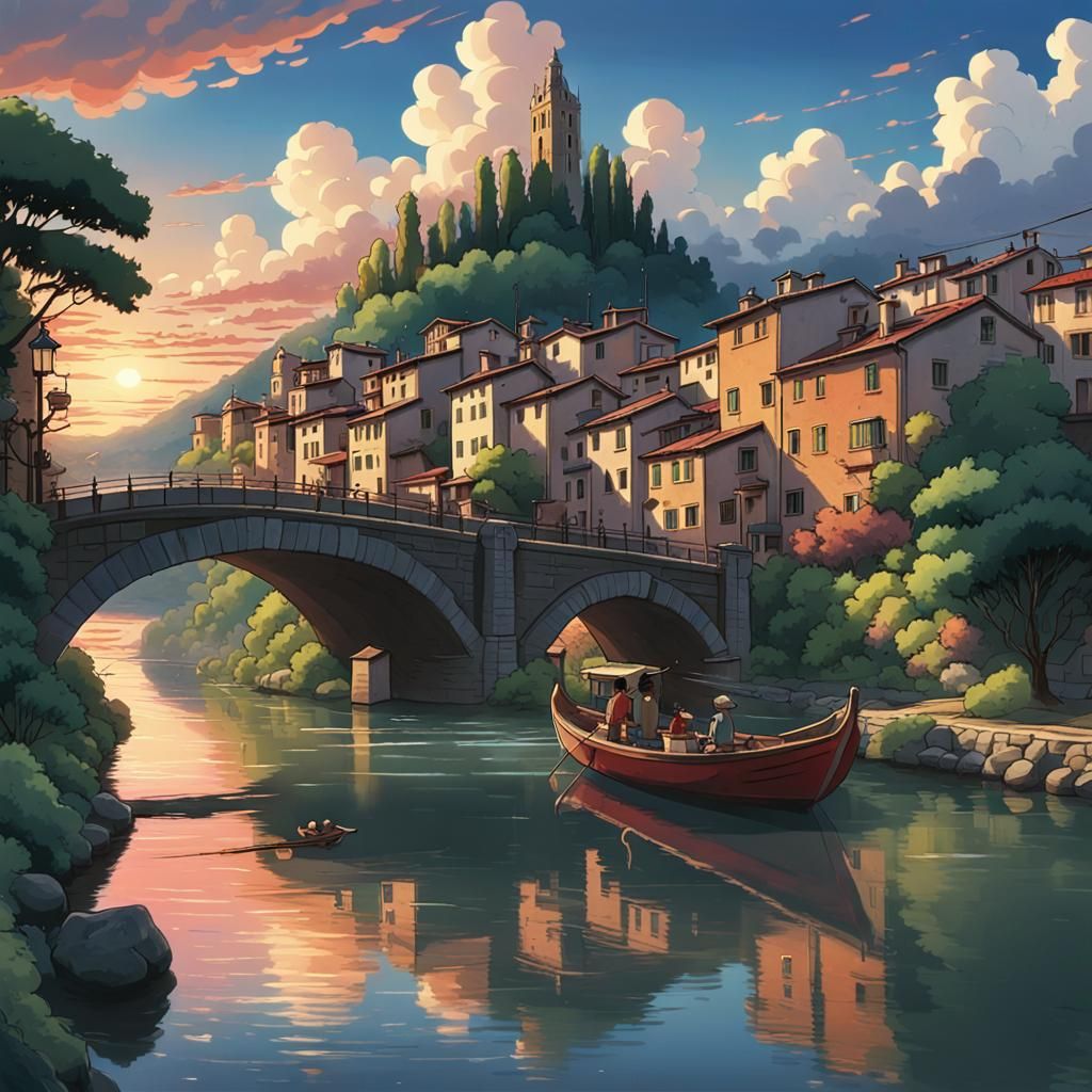 Italian Town Sunset: Studio Ghibli Anime Style