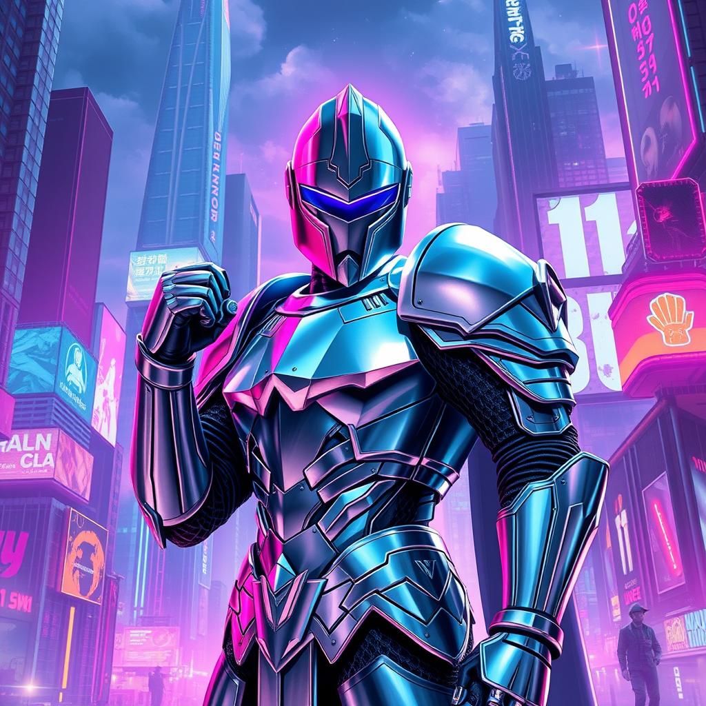 Crystal Knight in a Radiant Synthwave Cityscape