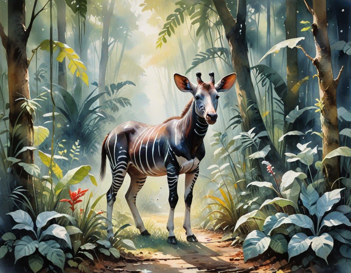 Okapi in Congo Jungle: Watercolour and Cinematic Styles