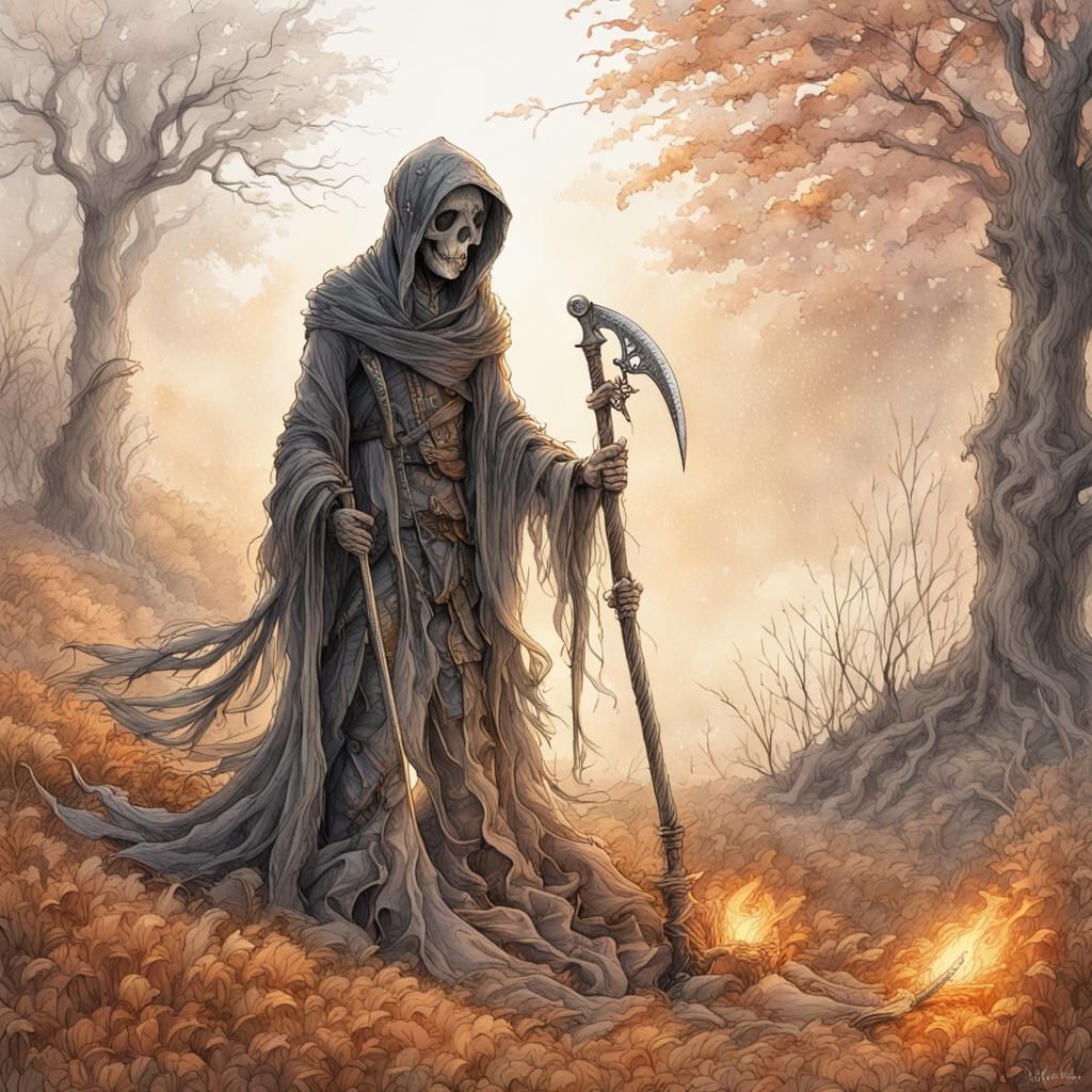 Death with Fiery Scythe: Pen and Ink Watercolor