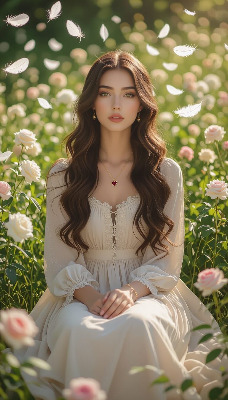 Serene Woman in Rose Meadow with Feathers