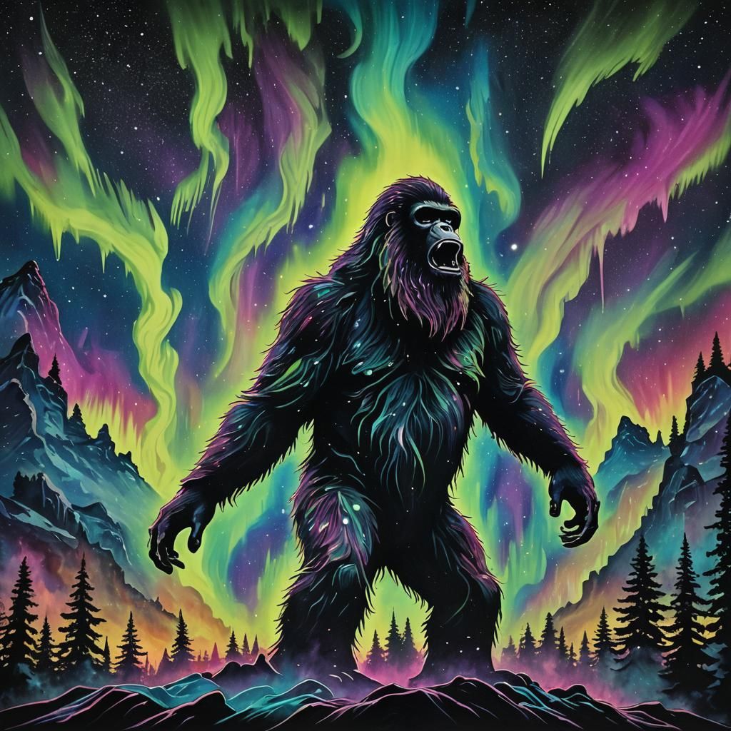 Aurora Borealis Sasquatch in Graffiti Art Style