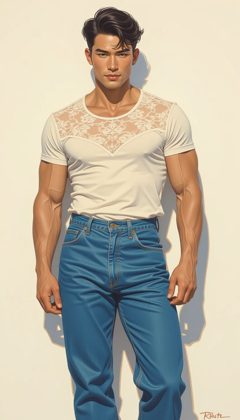 Muscular Man in Lace T-Shirt, Gay Art Masterpiece